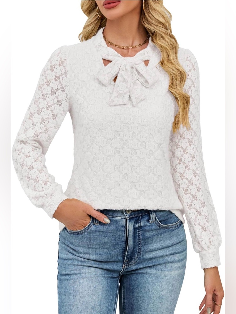 A477 Women's White Lace Bow-Neck Long Sleeve Blouse NWT size large